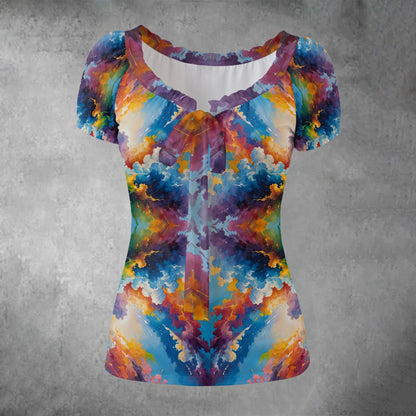All-over print Women's Puff Sleeve Pleated Shirt