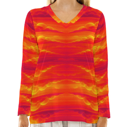 Women's Loose V-Neck T-Shirt With Long Sleeve