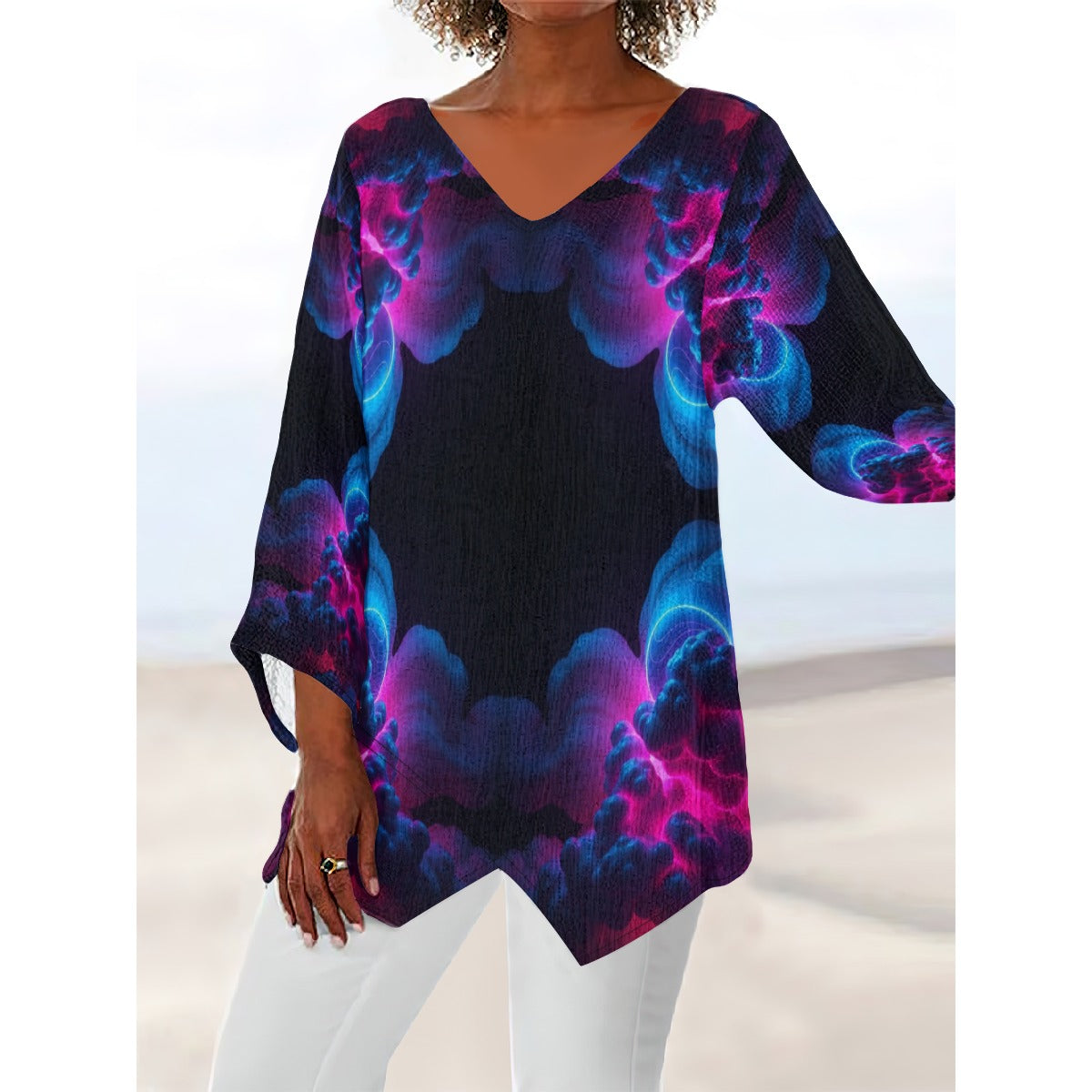 Women's V-neck T-shirt With Irregular Hem