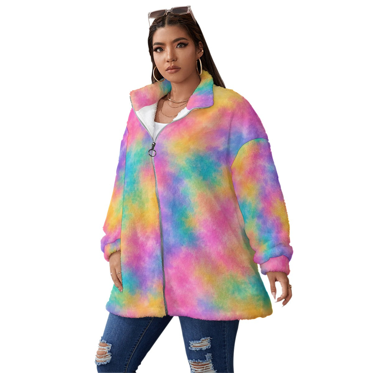 Unisex Borg-Fleece Stand-Up Collar Zip Coat — Plus Size - view 2