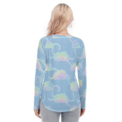 Women's Raglan Sleeves U-Shaped Hem Long Sleeves Blouse