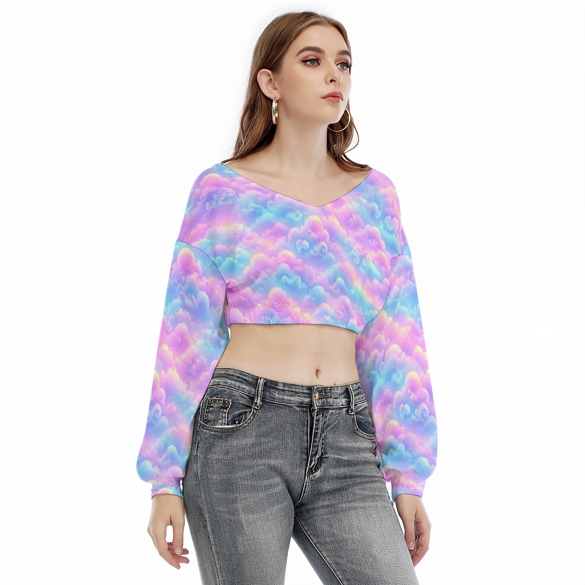 Women's V-neck Long Sleeve Cropped Sweatshirt