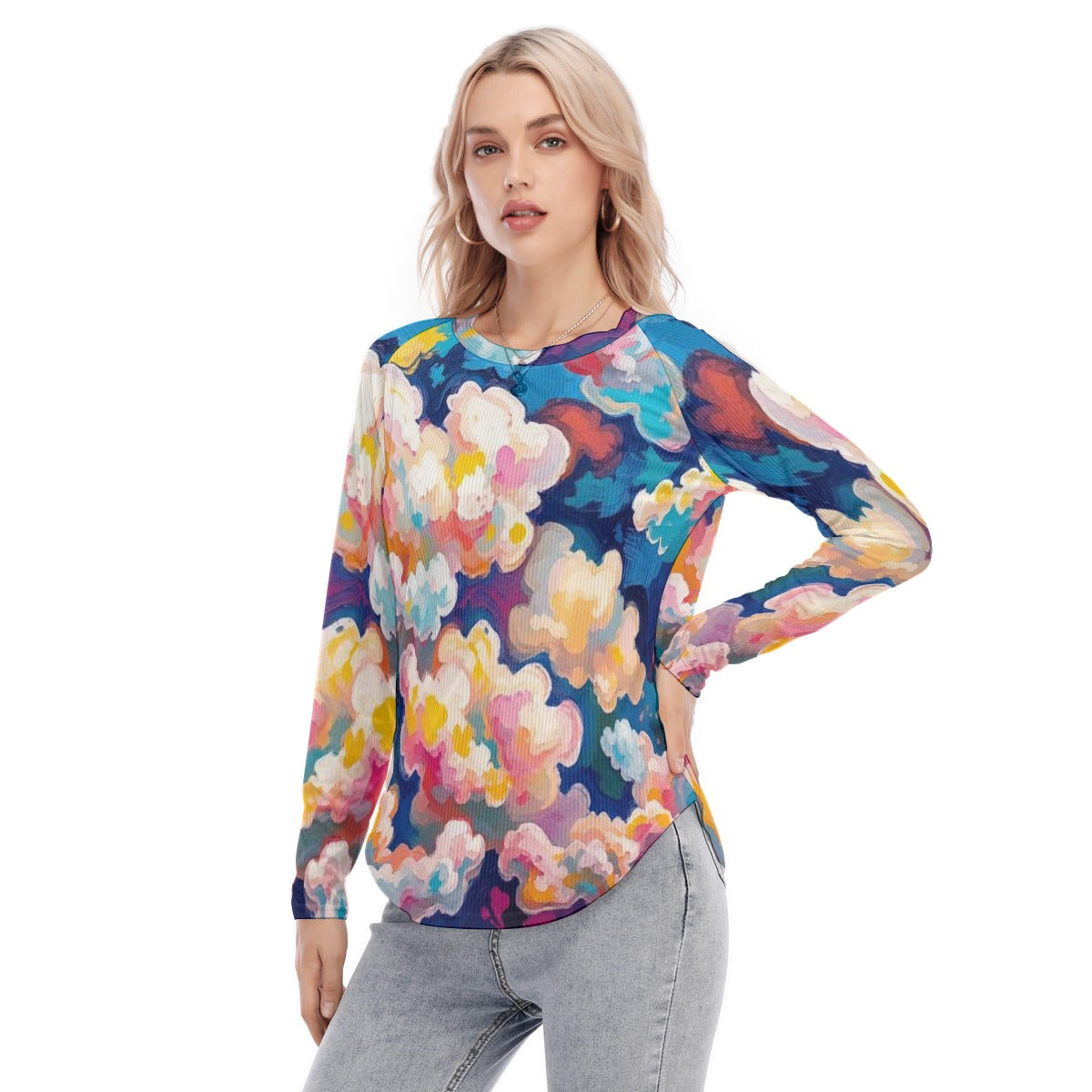 Women's Raglan Sleeves U-Shaped Hem Long Sleeves Blouse