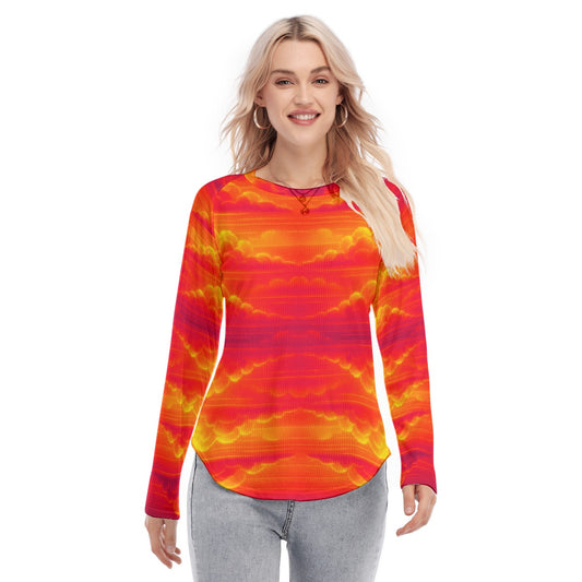 Women's Raglan Sleeves U-Shaped Hem Long Sleeves Blouse