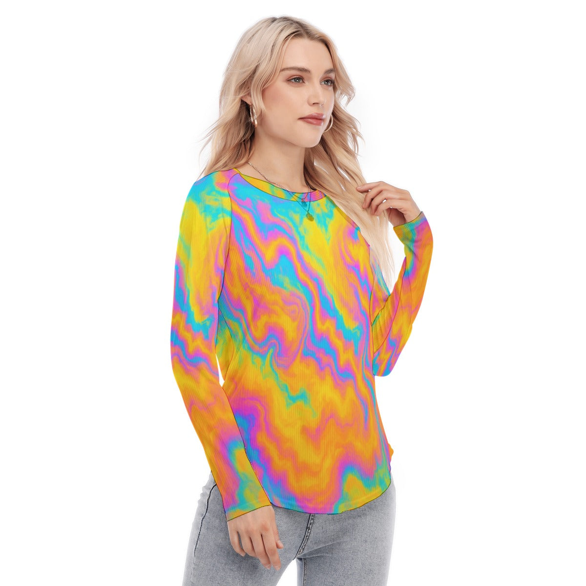 Women's Raglan Sleeves U-Shaped Hem Long Sleeves Blouse