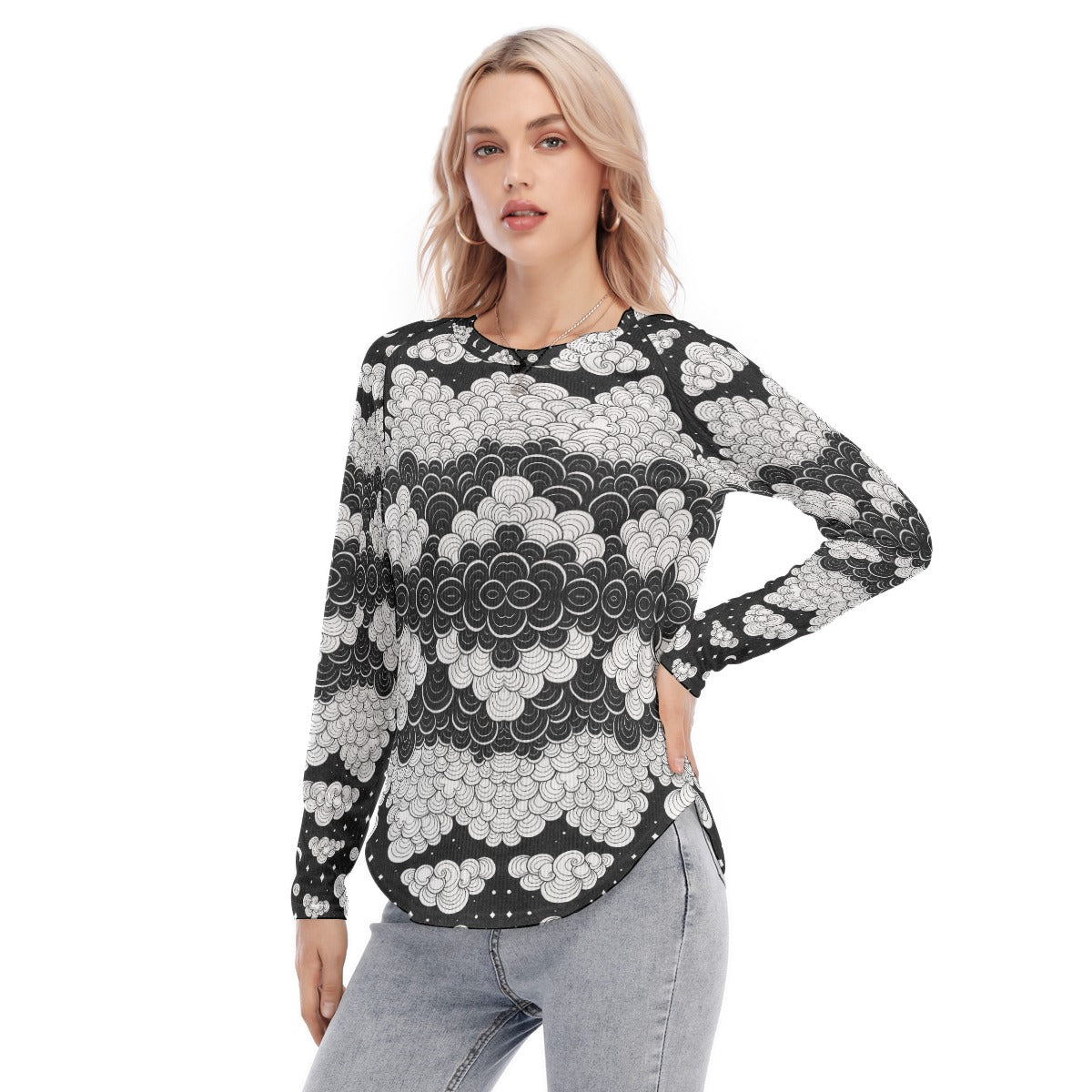 Women's Raglan Sleeves U-Shaped Hem Long Sleeves Blouse