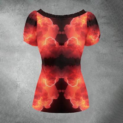 All-over print Women's Puff Sleeve Pleated Shirt