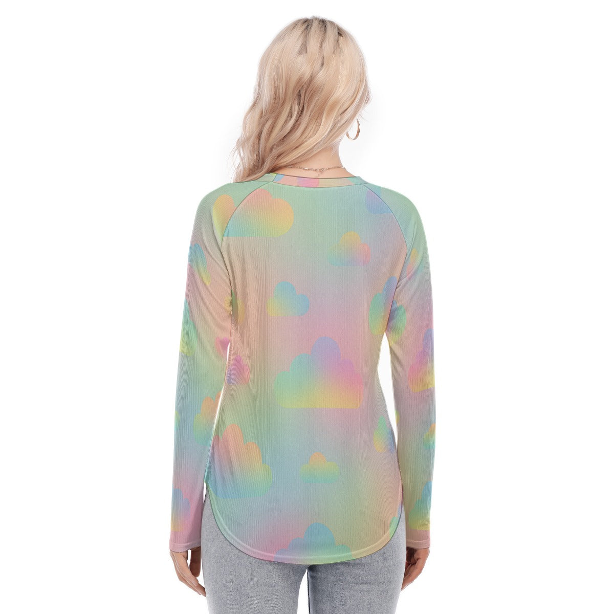 Women's Raglan Sleeves U-Shaped Hem Long Sleeves Blouse