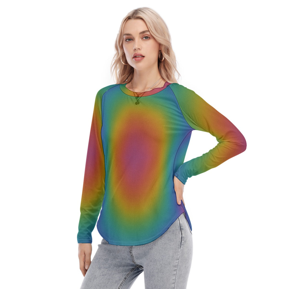 Women's Raglan Sleeves U-Shaped Hem Long Sleeves Blouse