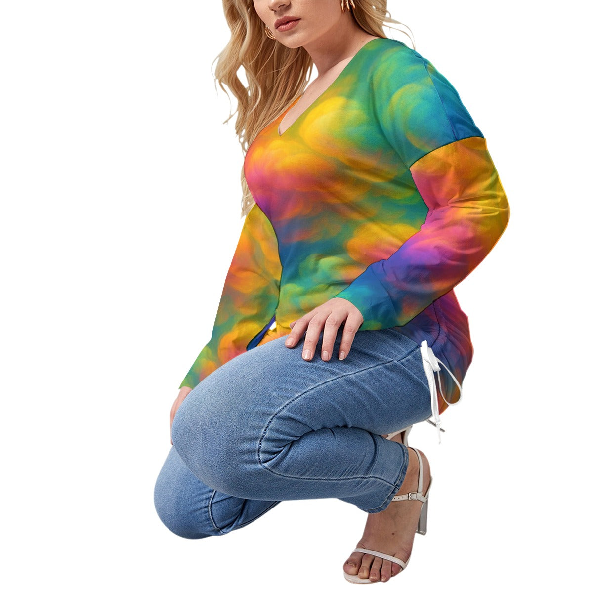 Unisex Women’s V-neck T-shirt With Side Drawstring(Plus Size)