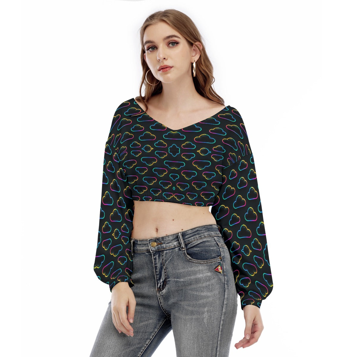 Women's V-neck Long Sleeve Cropped Sweatshirt