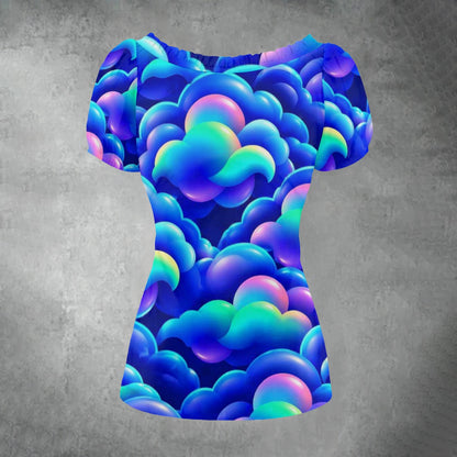 All-over print Women's Puff Sleeve Pleated Shirt