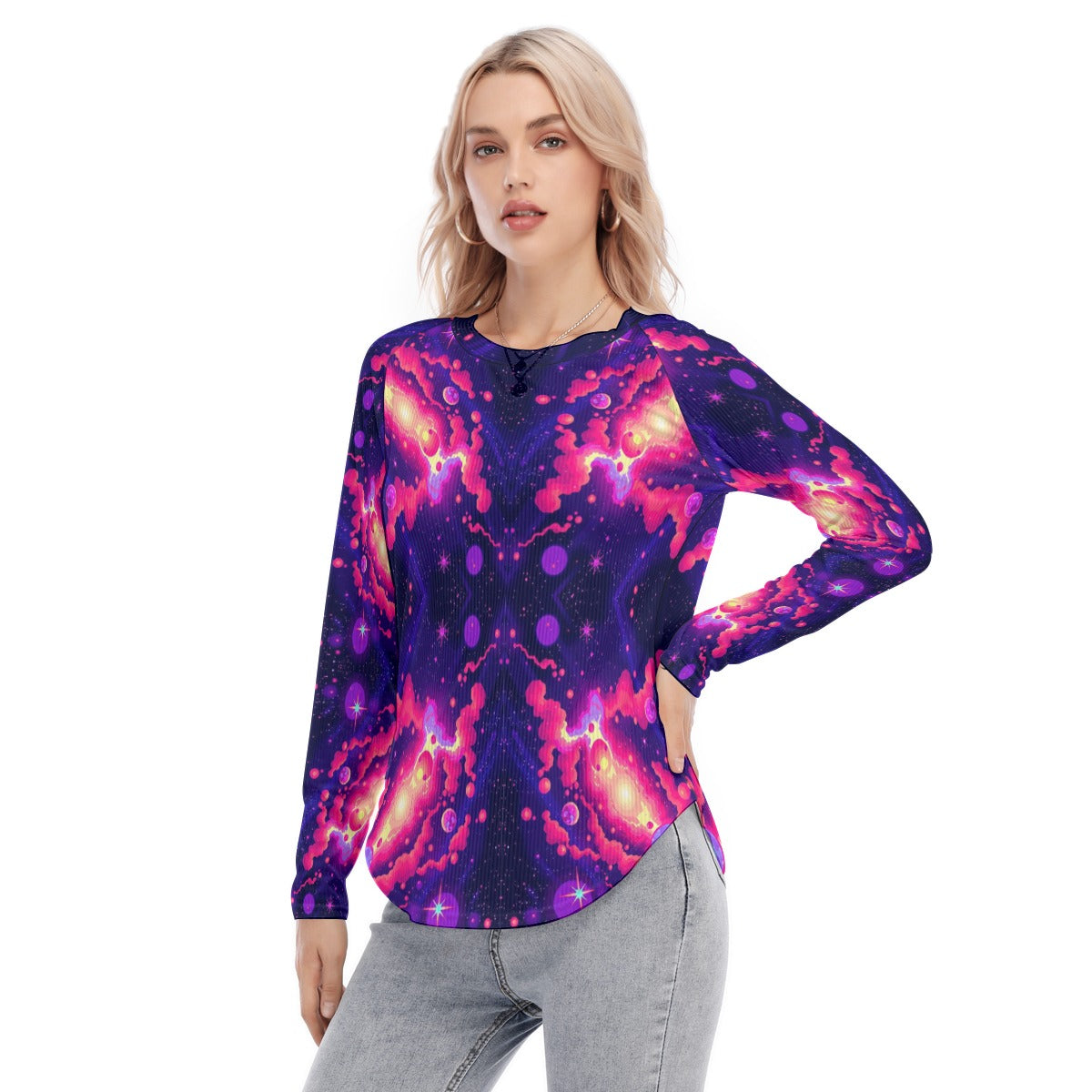 Women's Raglan Sleeves U-Shaped Hem Long Sleeves Blouse