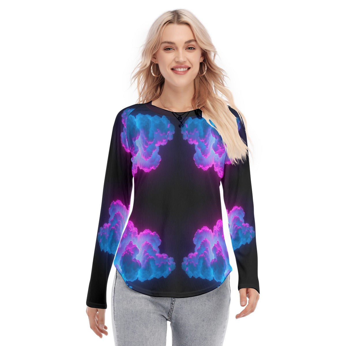 Women's Raglan Sleeves U-Shaped Hem Long Sleeves Blouse