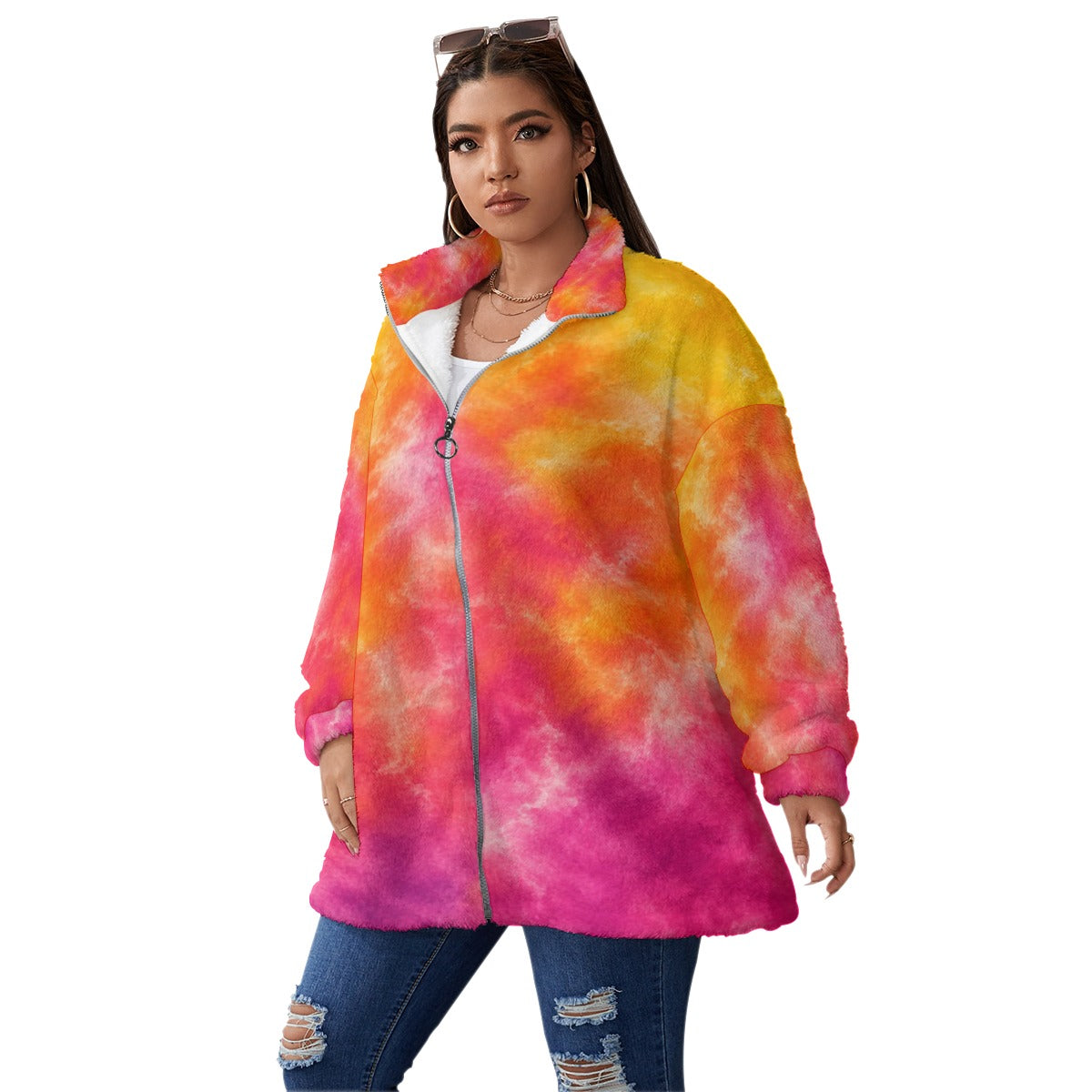 Unisex Borg-Fleece Stand-Up Collar Zip Coat — Plus Size - view 2