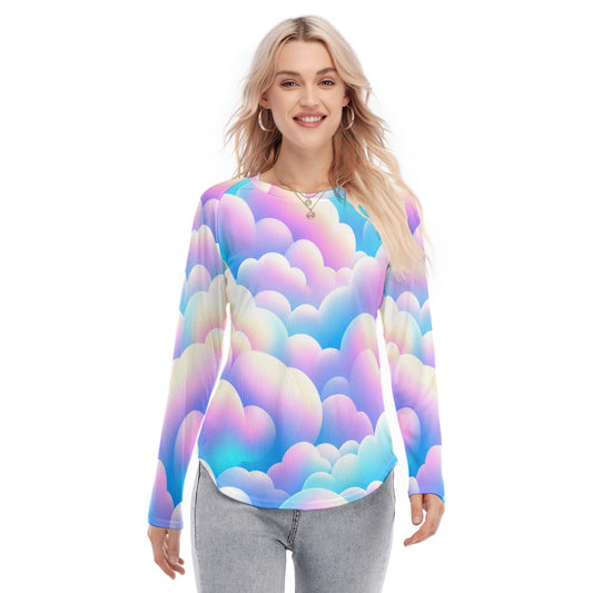 Women's Raglan Sleeves U-Shaped Hem Long Sleeves Blouse