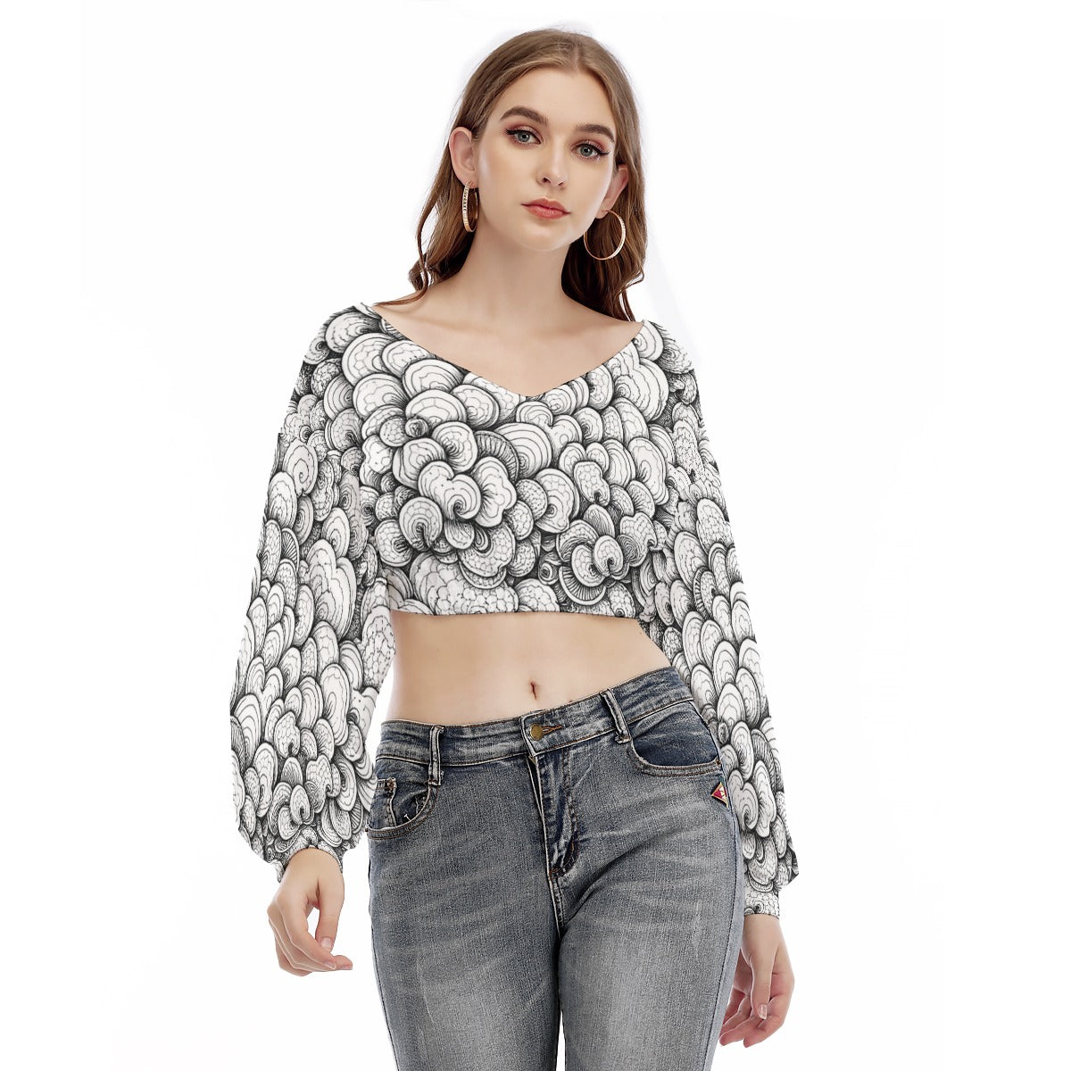 Women's V-neck Long Sleeve Cropped Sweatshirt