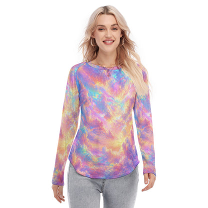 Women's Raglan Sleeves U-Shaped Hem Long Sleeves Blouse