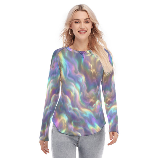 Women's Raglan Sleeves U-Shaped Hem Long Sleeves Blouse