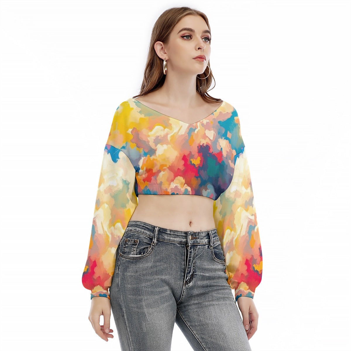 Women's V-neck Long Sleeve Cropped Sweatshirt