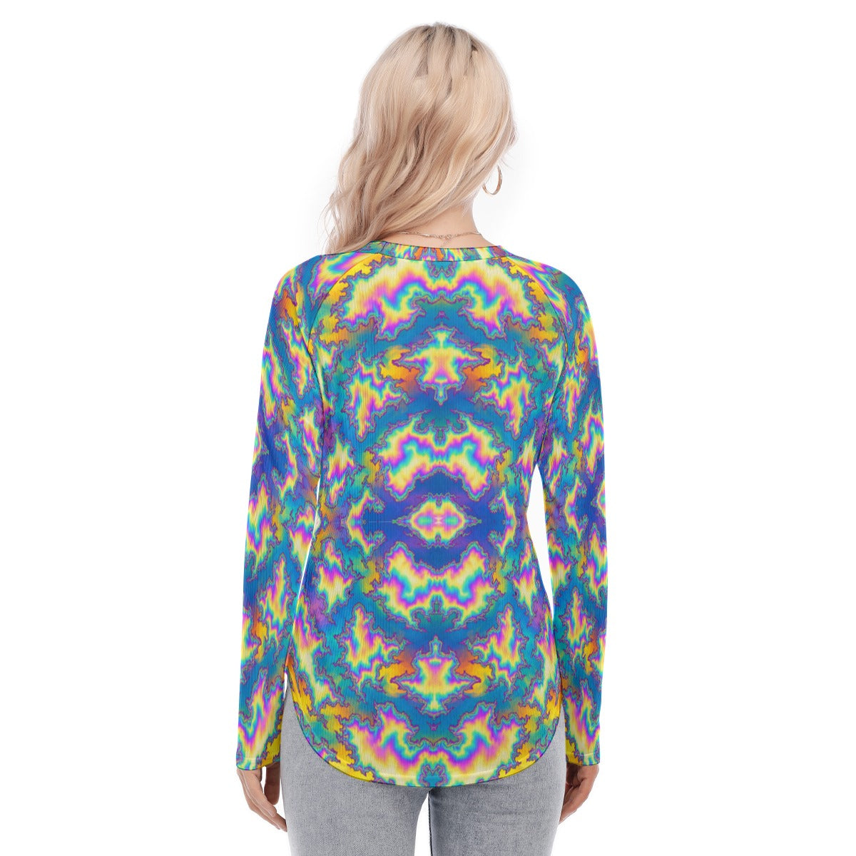 Women's Raglan Sleeves U-Shaped Hem Long Sleeves Blouse