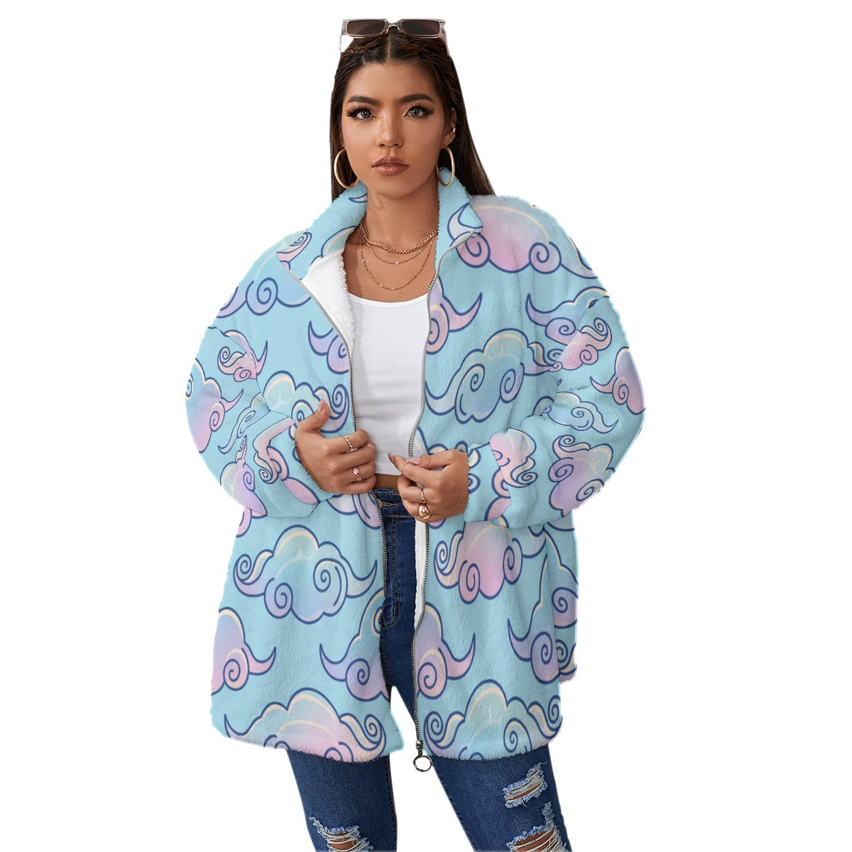 Unisex Borg Fleece Stand-up Collar Coat With Zipper Closure(Plus Size)