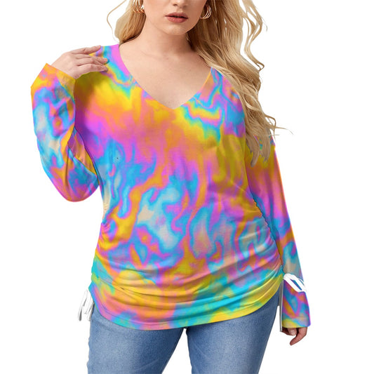 Unisex Women’s V-neck T-shirt With Side Drawstring(Plus Size)