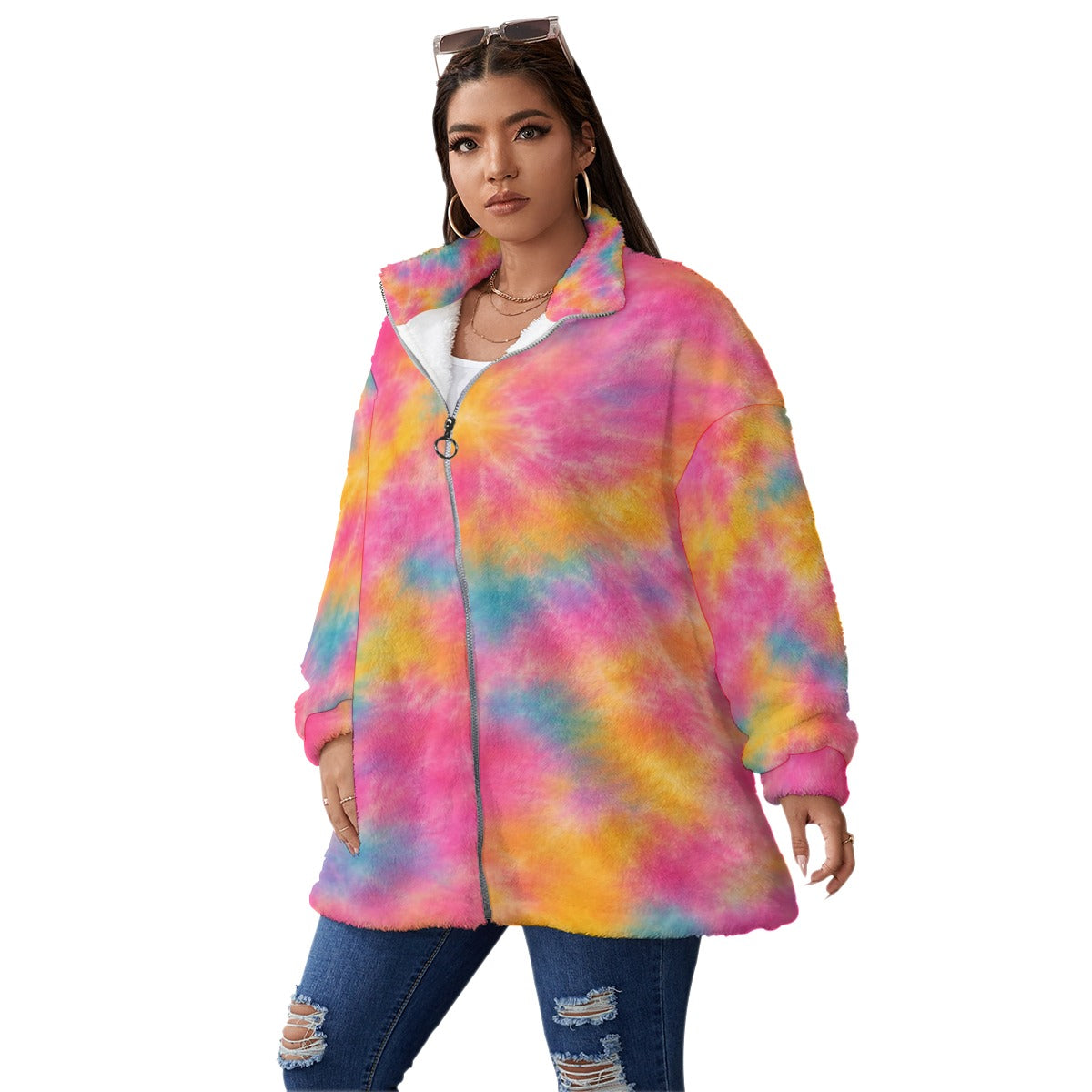 Unisex Borg-Fleece Stand-Up Collar Zip Coat — Plus Size - view 2