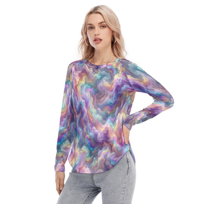 Women's Raglan Sleeves U-Shaped Hem Long Sleeves Blouse