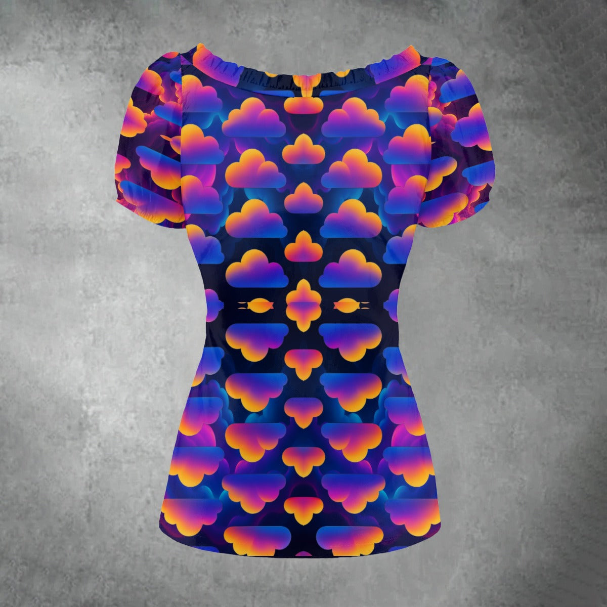All-over print Women's Puff Sleeve Pleated Shirt