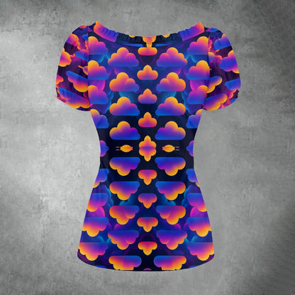 All-over print Women's Puff Sleeve Pleated Shirt