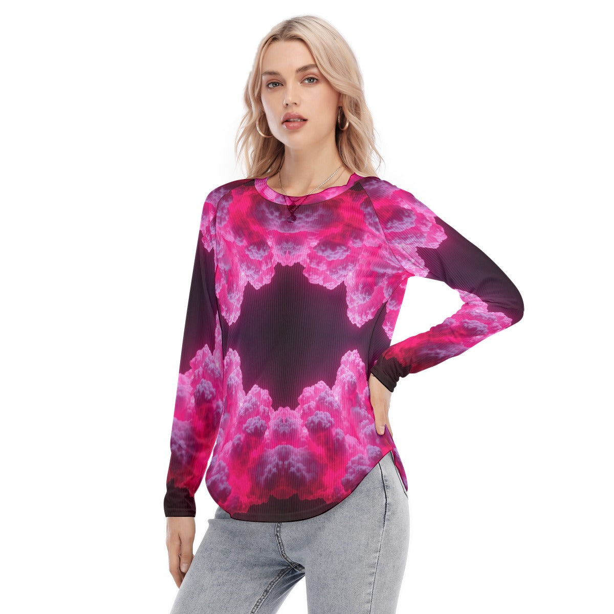 Women's Raglan Sleeves U-Shaped Hem Long Sleeves Blouse