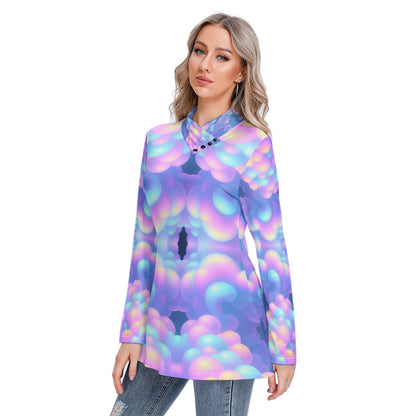 Women's Long-sleeved Heap-neck Slim Casual Tunic Blouse