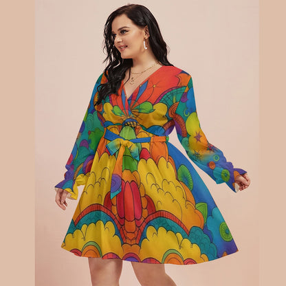 Women's V-neck Dress With Waistband(Plus Size)