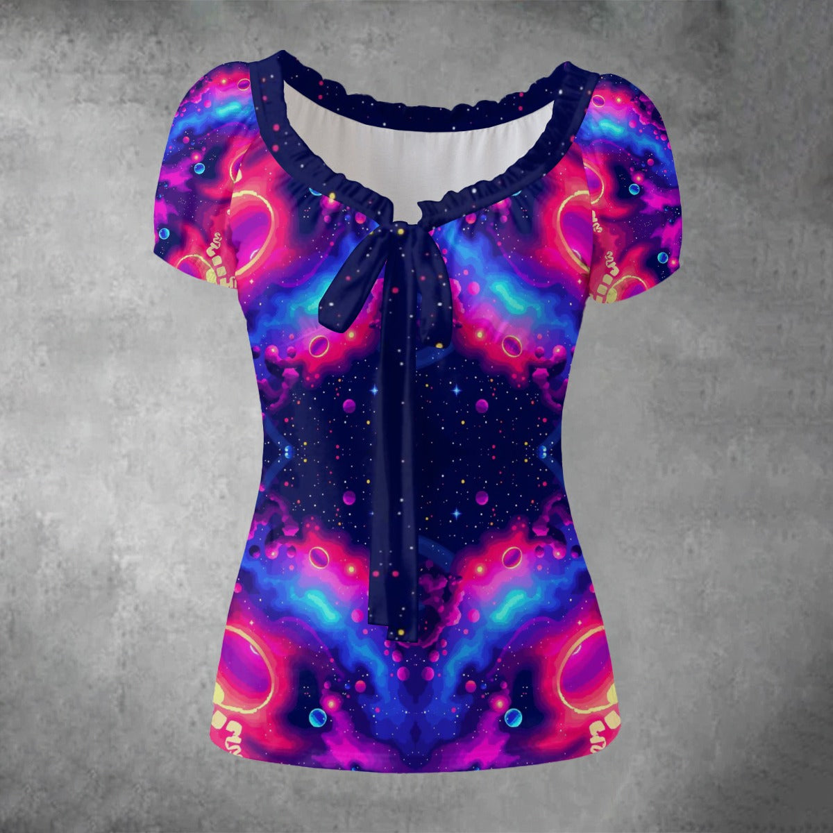 All-over print Women's Puff Sleeve Pleated Shirt