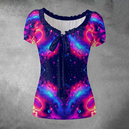 All-over print Women's Puff Sleeve Pleated Shirt