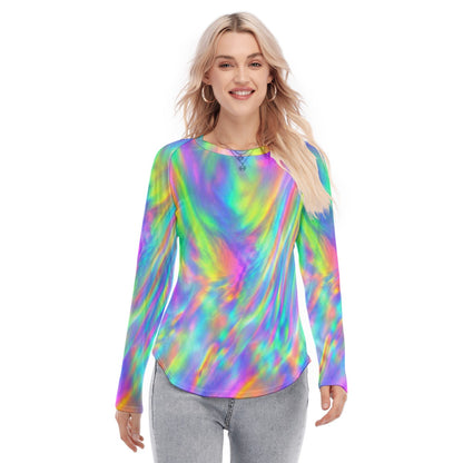 Women's Raglan Sleeves U-Shaped Hem Long Sleeves Blouse