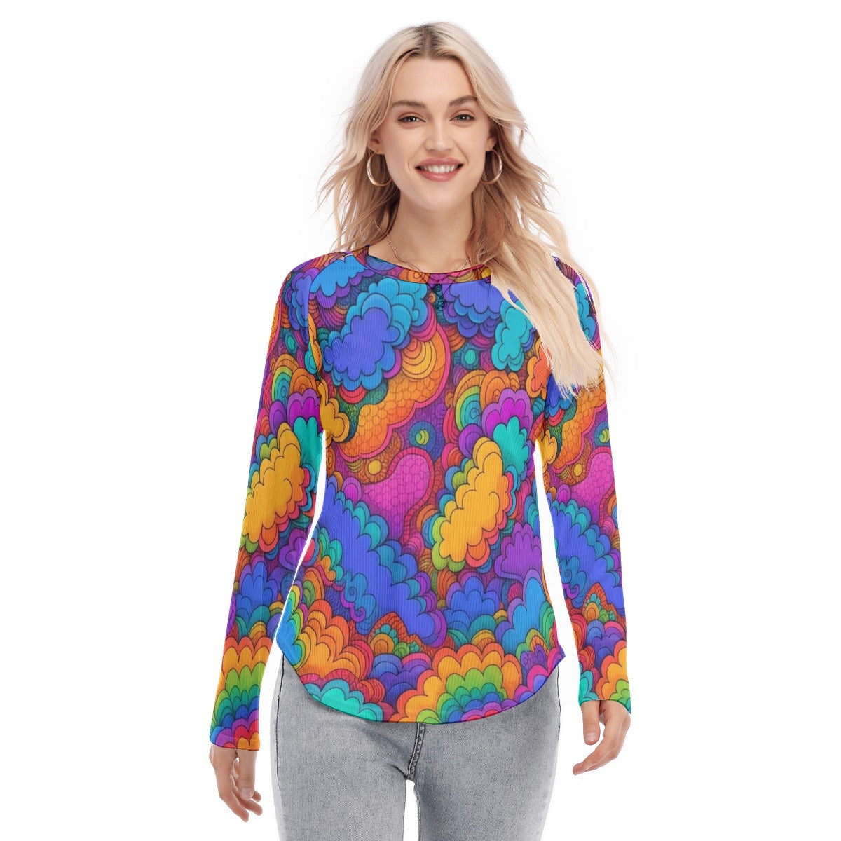 Women's Raglan Sleeves U-Shaped Hem Long Sleeves Blouse