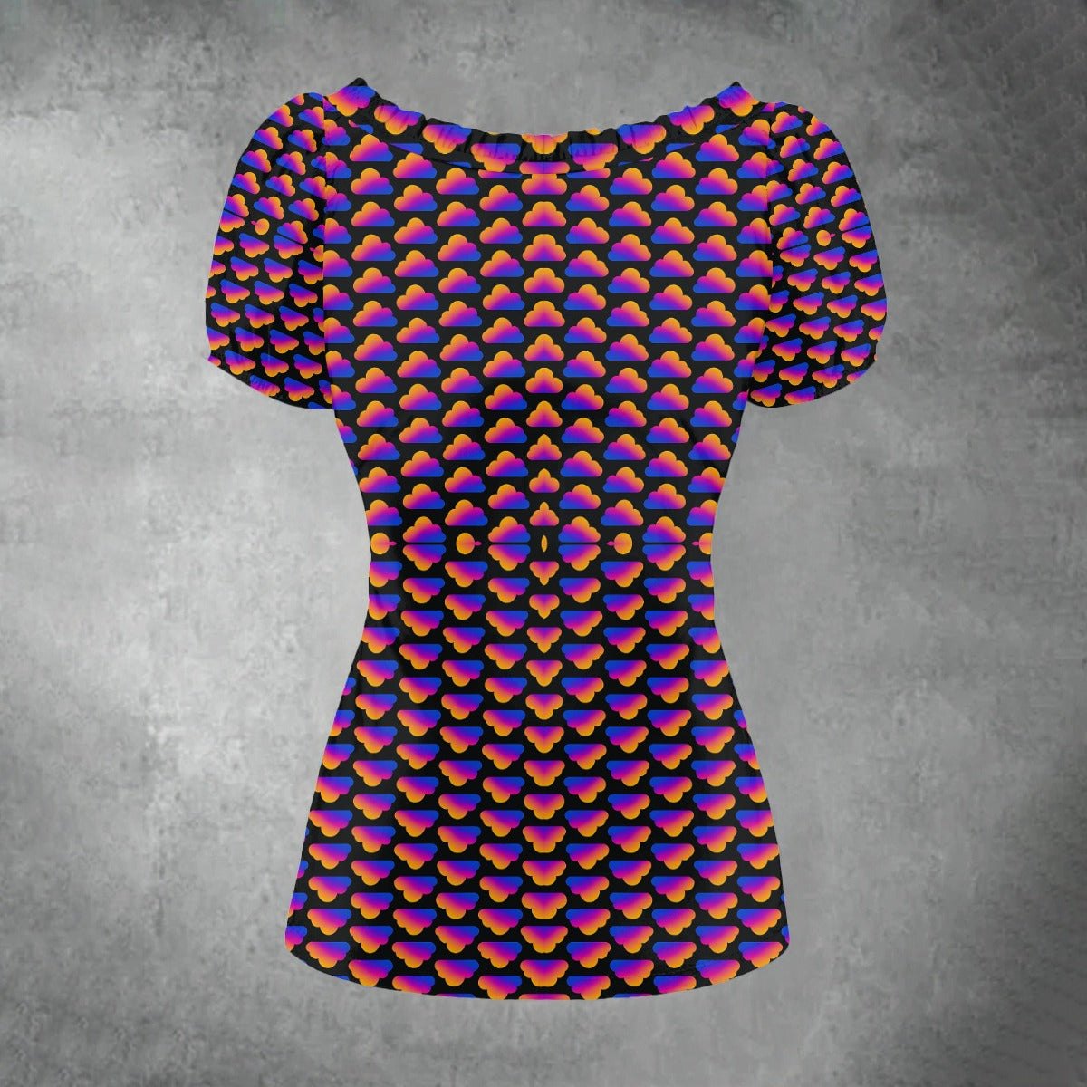 All-over print Women's Puff Sleeve Pleated Shirt