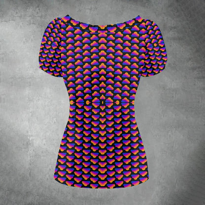 All-over print Women's Puff Sleeve Pleated Shirt