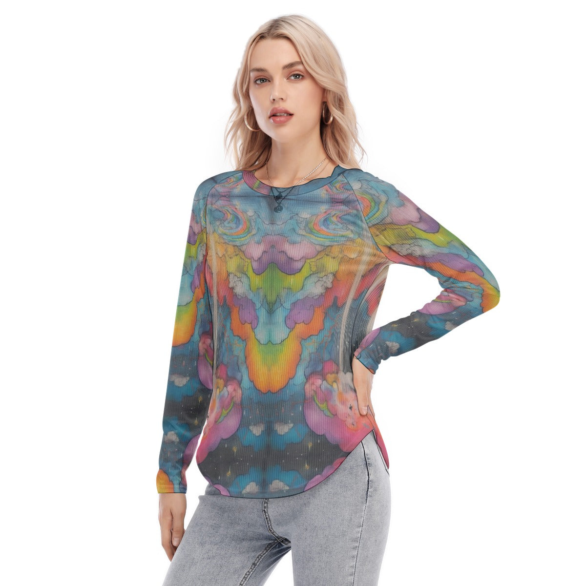 Women's Raglan Sleeves U-Shaped Hem Long Sleeves Blouse