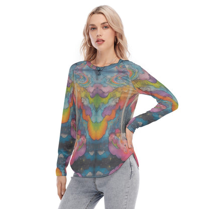Women's Raglan Sleeves U-Shaped Hem Long Sleeves Blouse