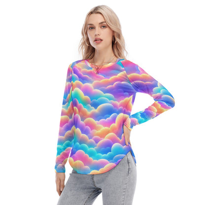 Women's Raglan Sleeves U-Shaped Hem Long Sleeves Blouse
