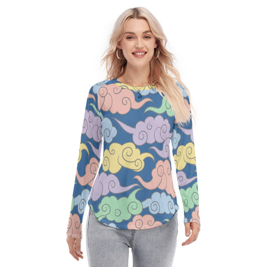 Women's Raglan Sleeves U-Shaped Hem Long Sleeves Blouse