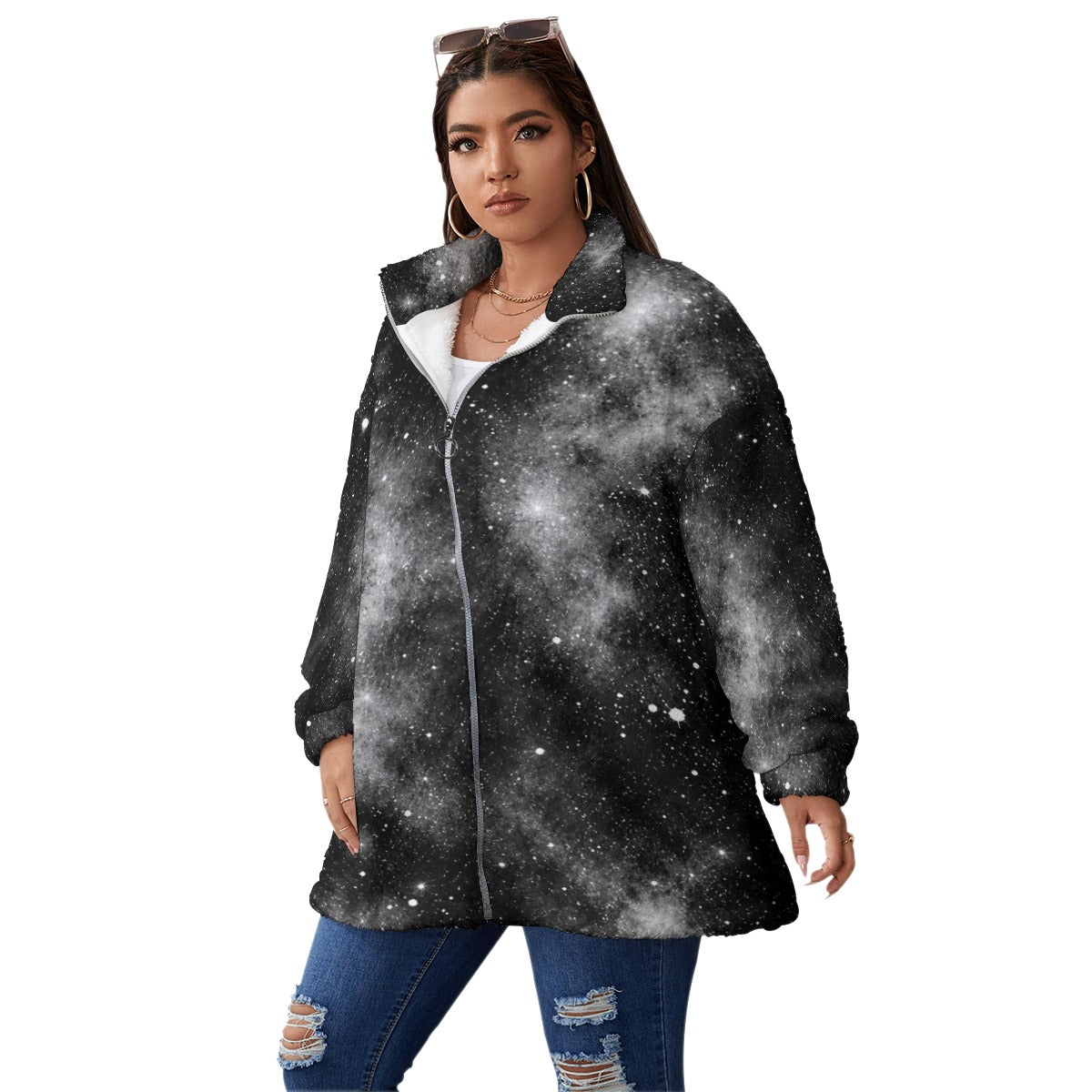 Unisex Borg-Fleece Stand-Up Collar Zip Coat — Plus Size - view 2