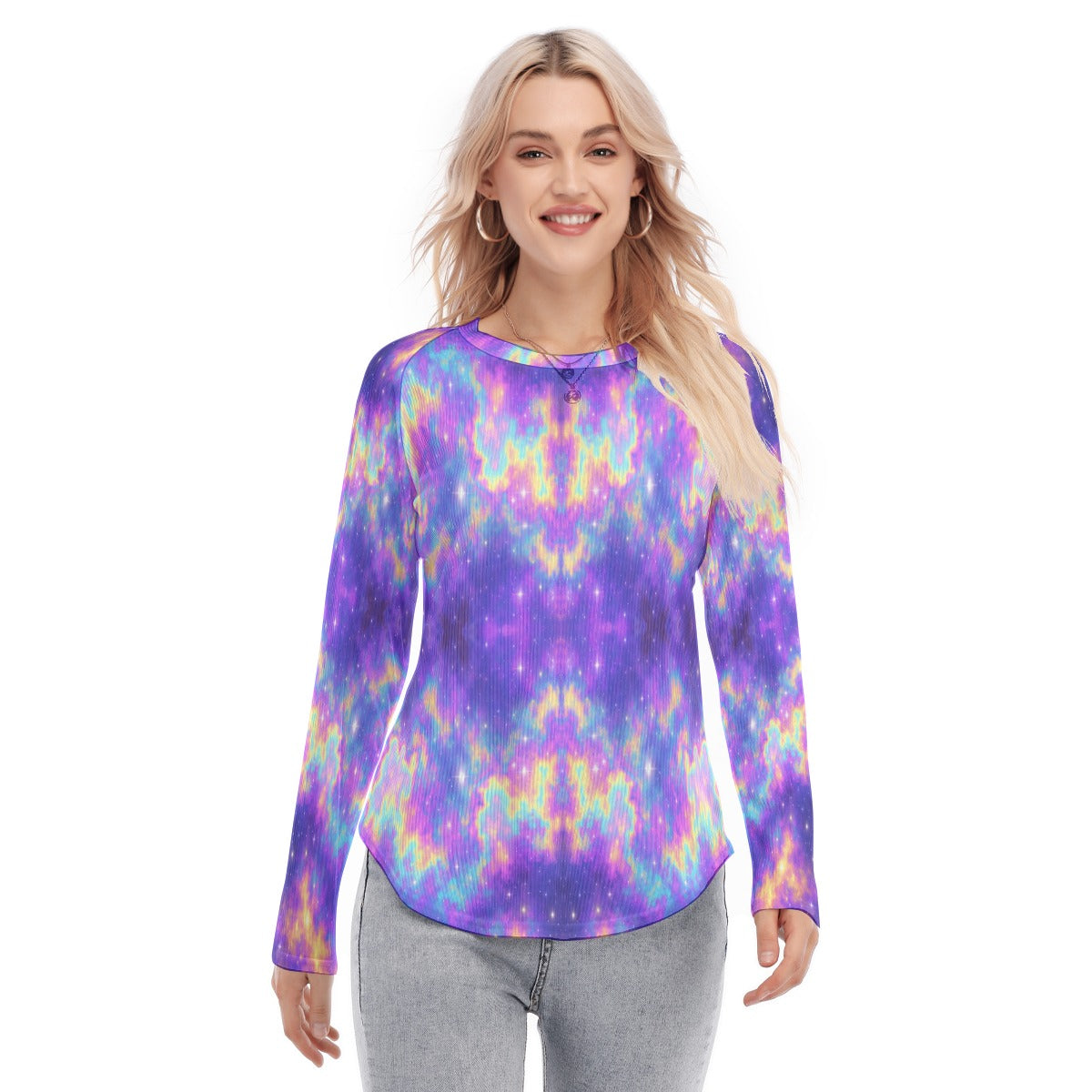 Women's Raglan Sleeves U-Shaped Hem Long Sleeves Blouse