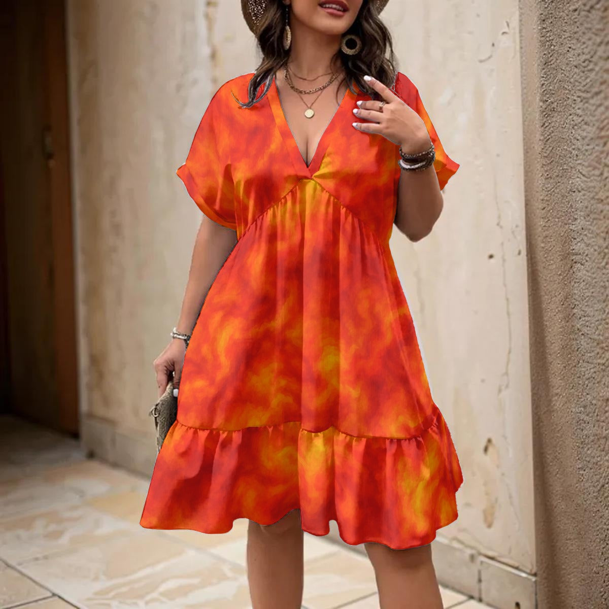 Unisex Women’s Floral V-Neck Short Sleeve Dress