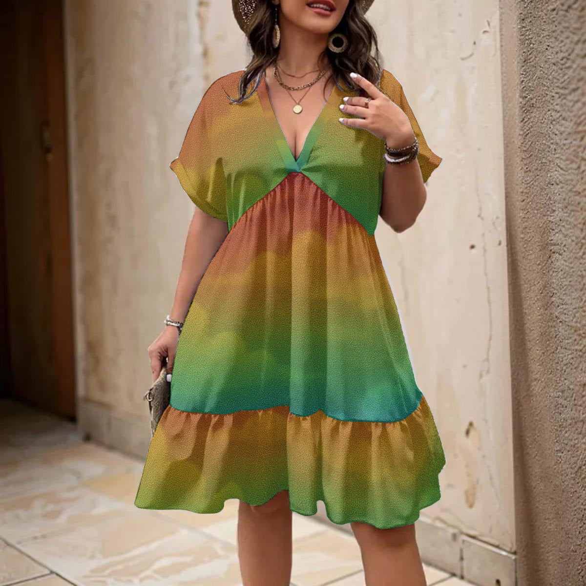 Unisex Women’s Floral V-Neck Short Sleeve Dress