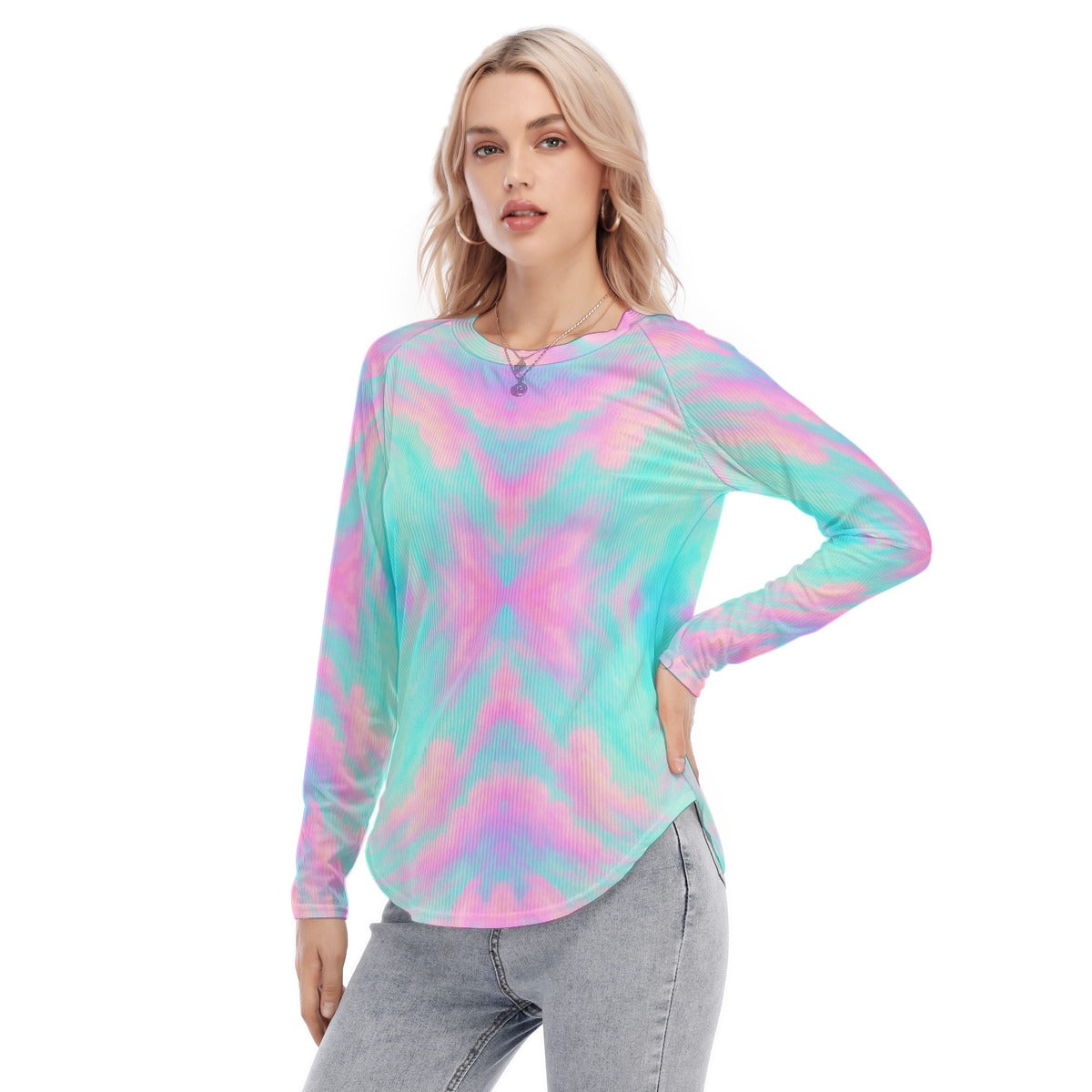 Women's Raglan Sleeves U-Shaped Hem Long Sleeves Blouse