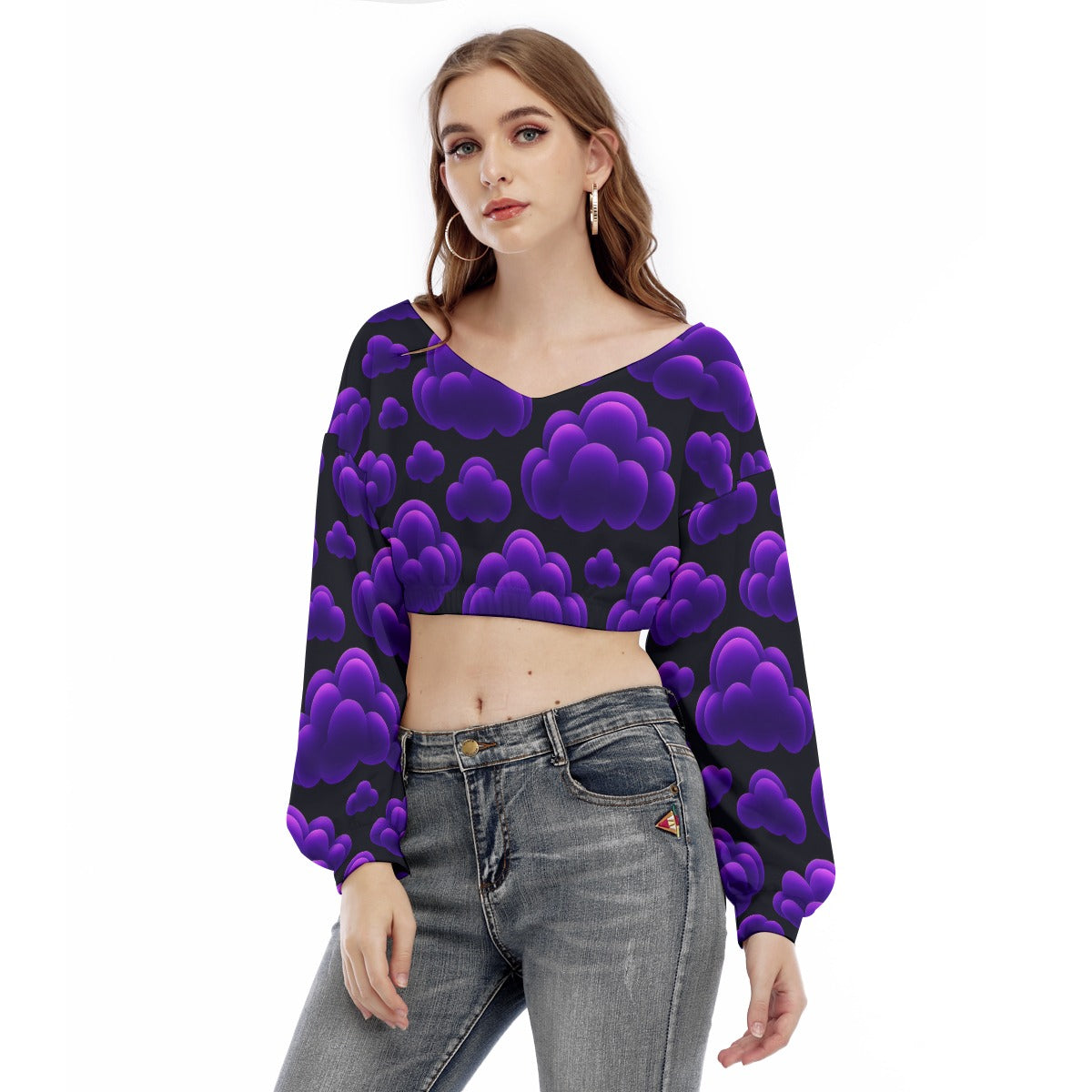 Women's V-neck Long Sleeve Cropped Sweatshirt